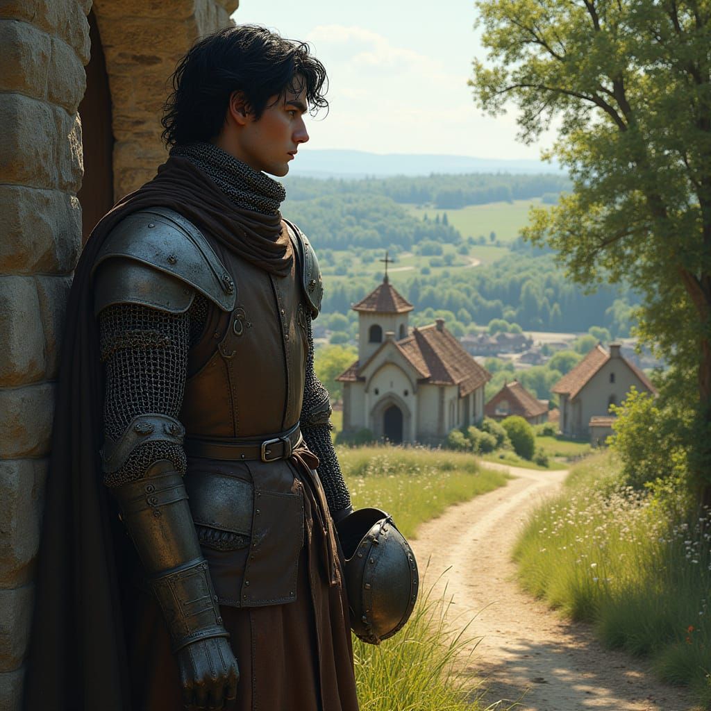 Brooding Knight Outside Rustic Church