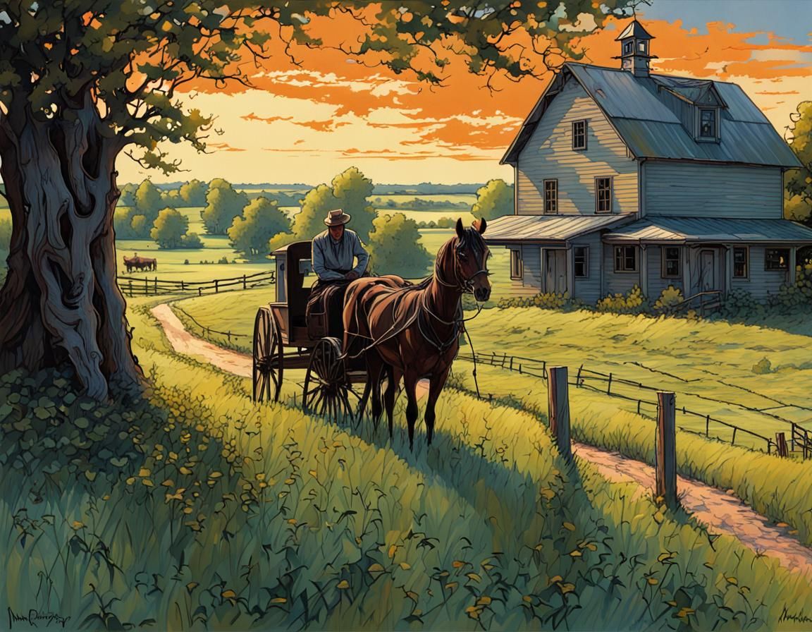 Pastoral Amish Farm in Summer Landscape