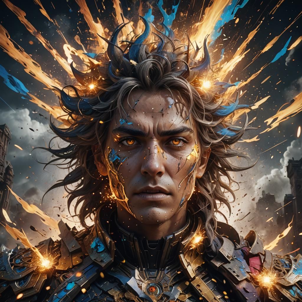 Colorful Explosion with Stars and a Luminous Face