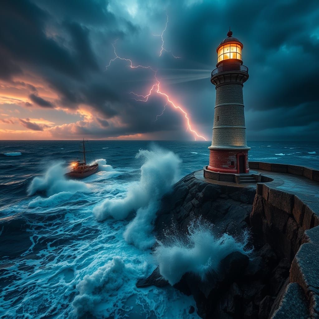 Dramatic Lighthouse Guiding Ship Through Stormy Seas