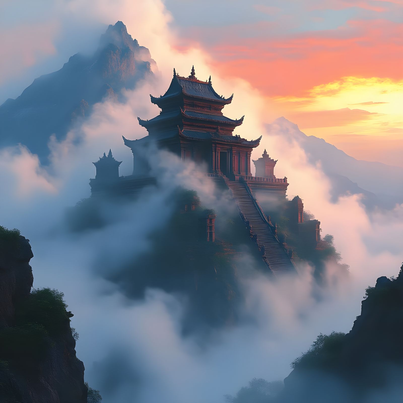 Ancient Temple in Mist: Digital Matte Painting