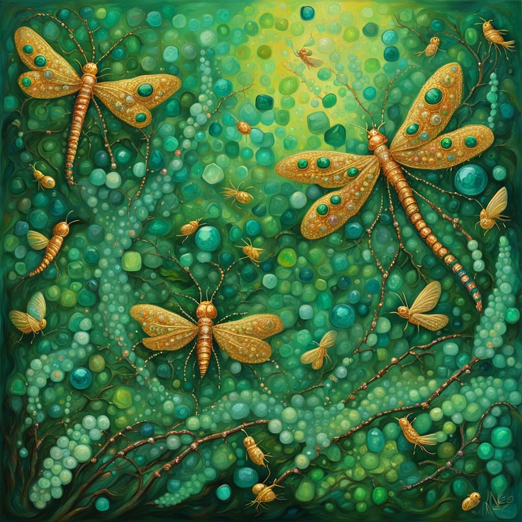 Gemstone Insects and Golden Birds in Neo-Impressionism Style