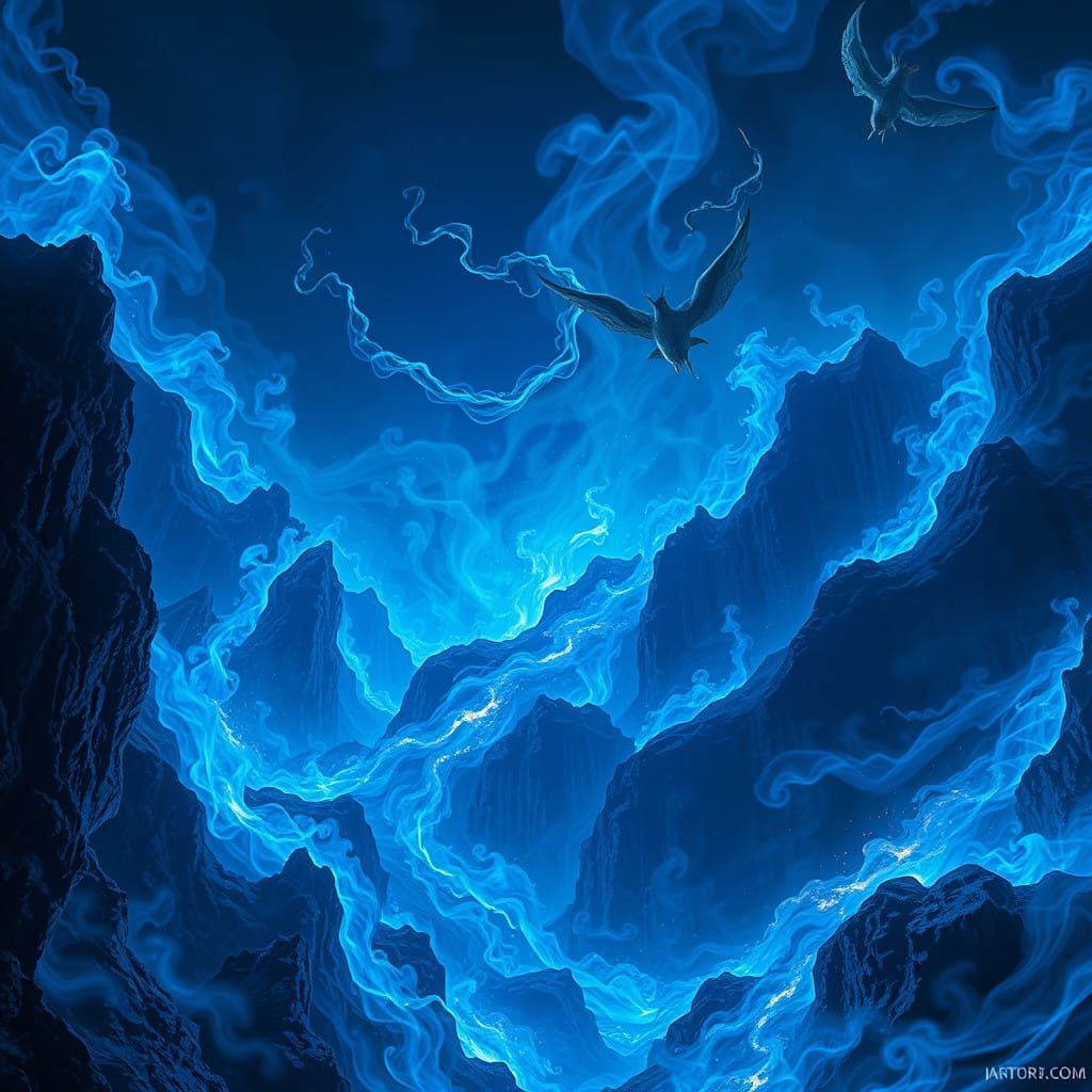 Ethereal Blue Flames Engulf a Mystical Realm in Cyberpunk Fa...