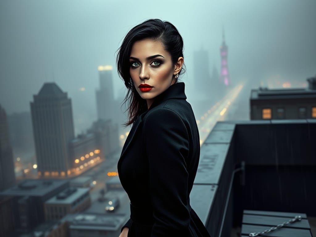 Mysterious Woman Stares Out into the Rainy City Night