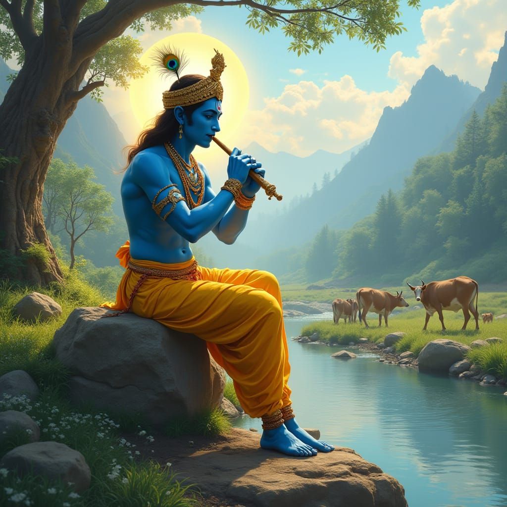 Lord Krishna Playing Flute by River, Fantasy Art