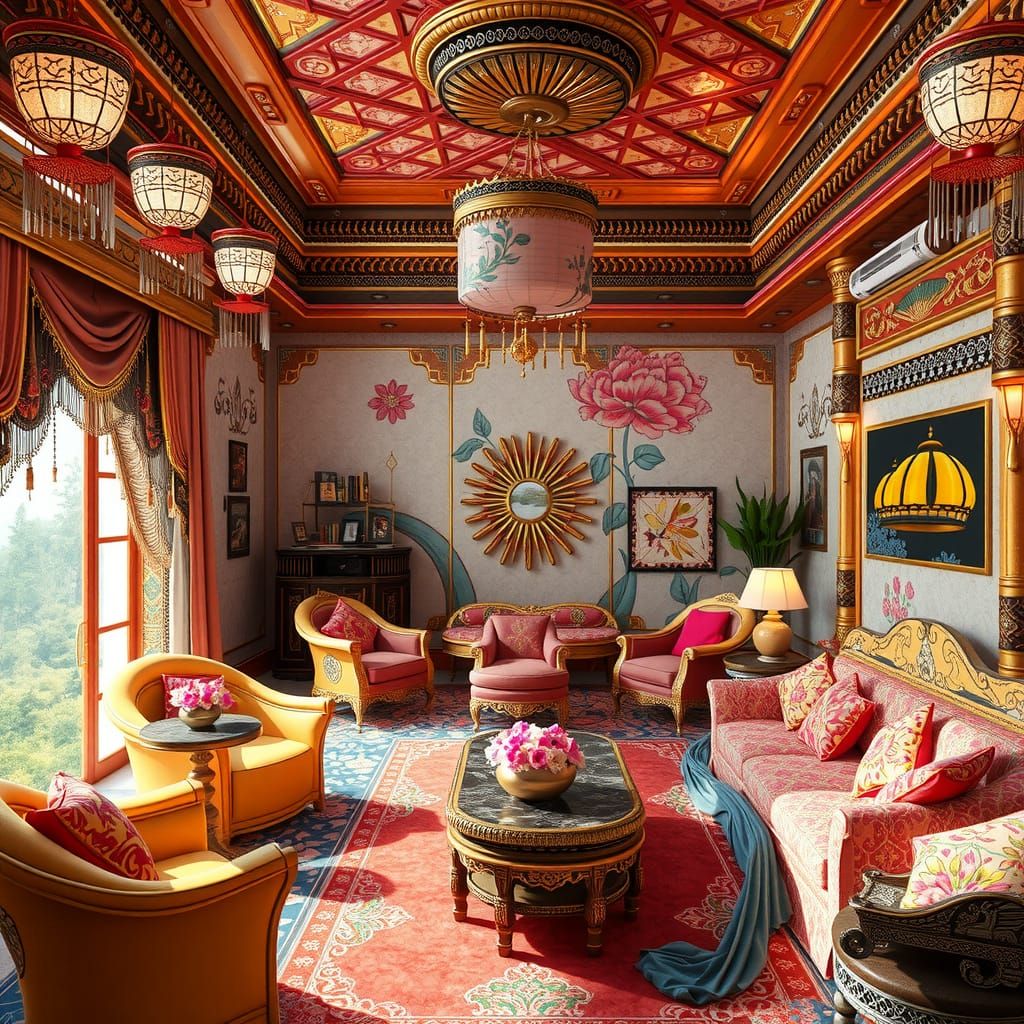 Indian and Japandi Style Interior with Ornate Furniture