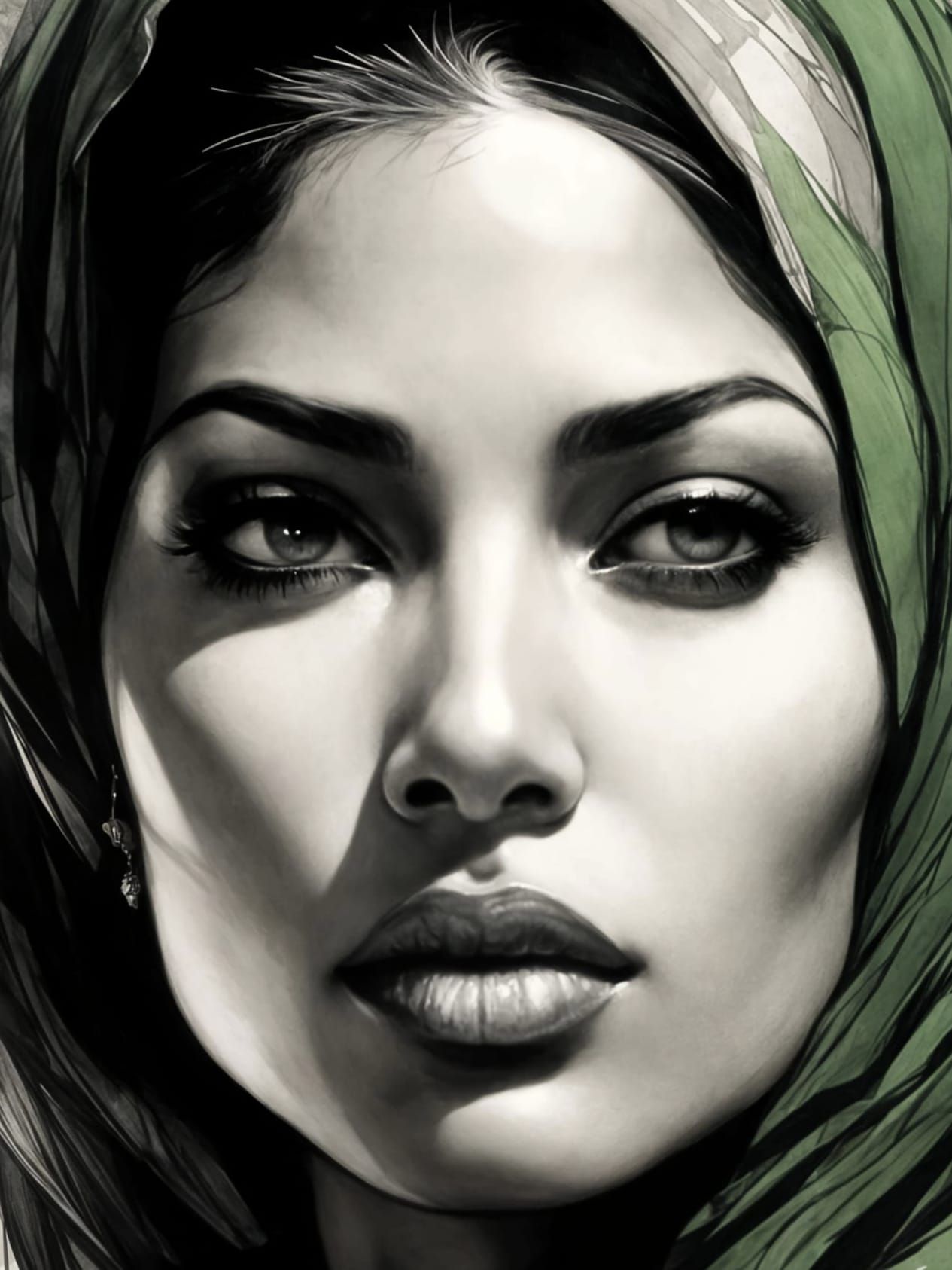 Palestinian Woman Portrait in Black and White Ink Splash Art