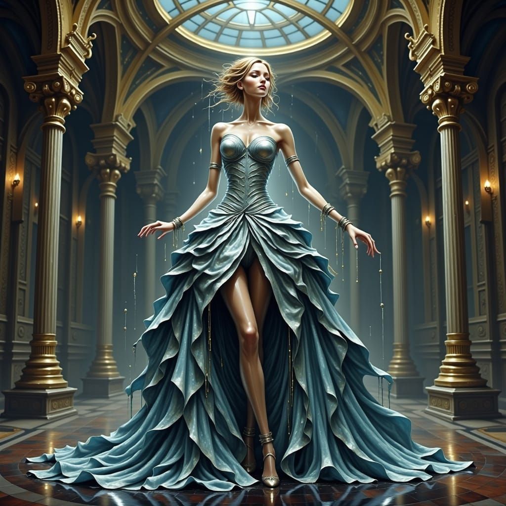 Space-age Cinderella being outfitted with a new gown to go to the ball, retrfuturist, classic, metallic. 1000 years in t...