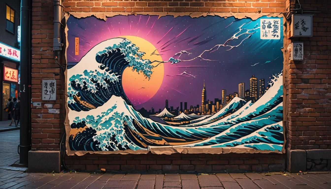 Cyberpunk Great Wave Poster in Neon Alley