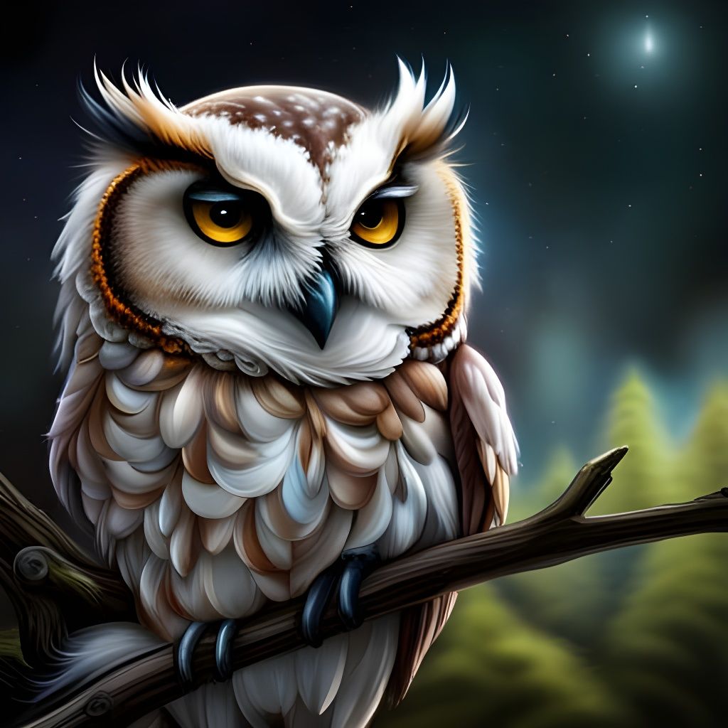 Hyperrealistic Owl Sleeping on Branch at Night
