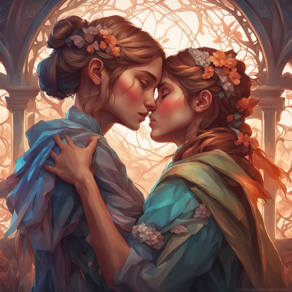 Two Girls Embrace: Hyperdetailed Digital Portrait
