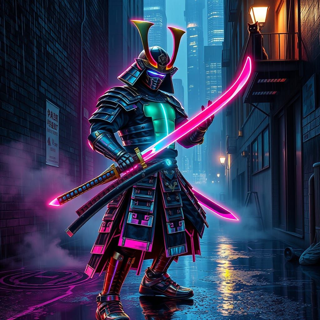 Cyberpunk Samurai Warrior in Neon-Lit Futuristic Cityscape