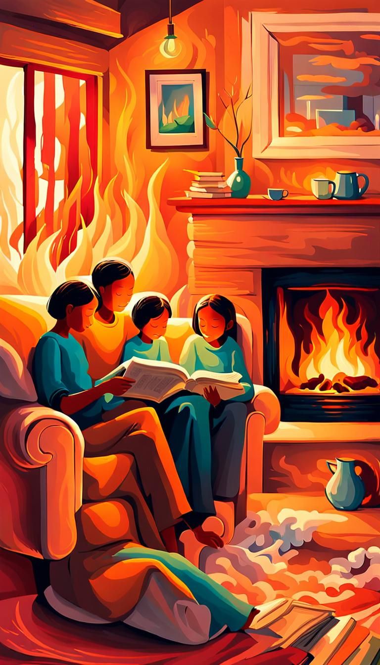 Family by Fireplace in Abstract Expressionism Style