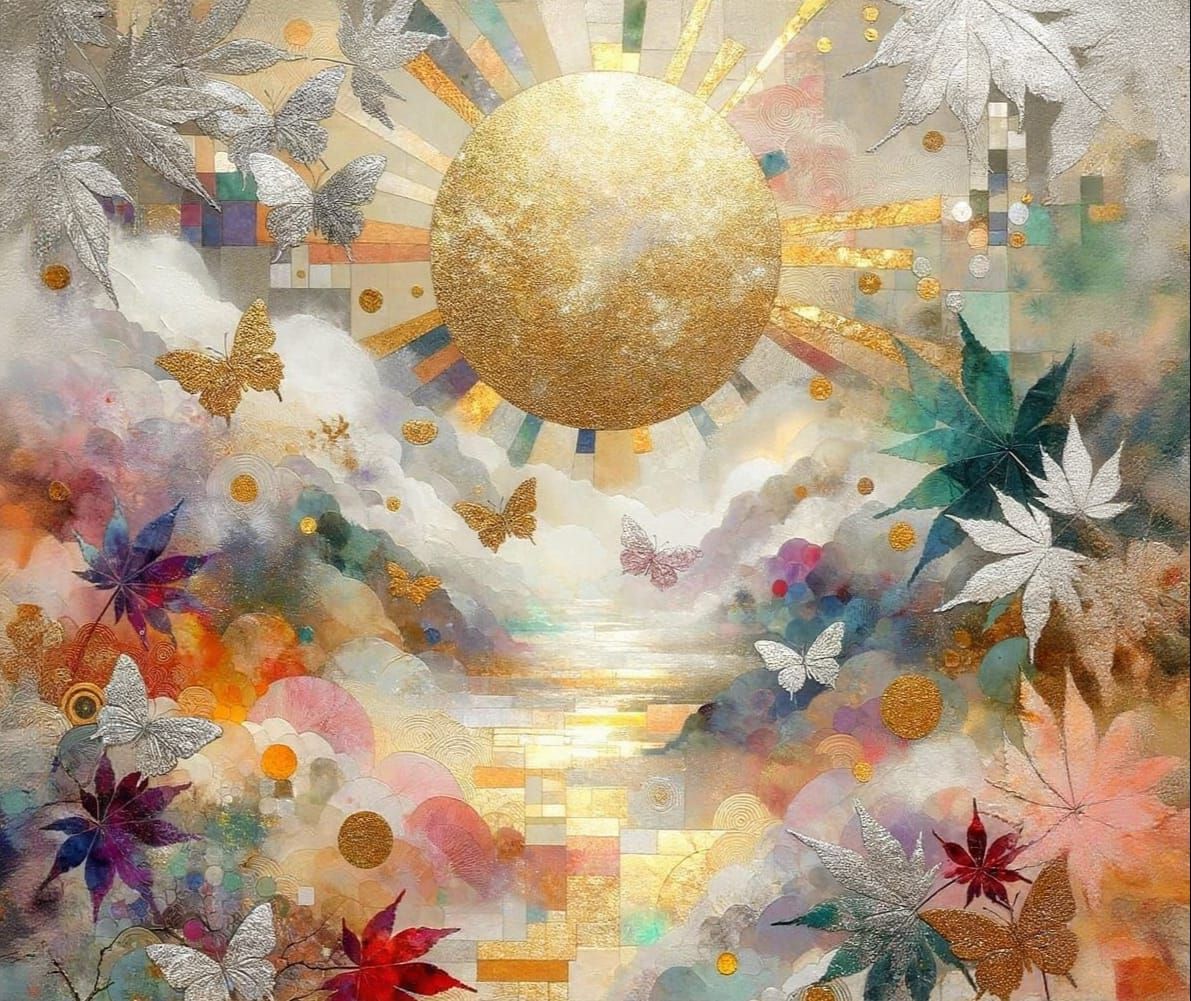 Dreamy Pastel Sunrise with Butterfly Sun and Maple Fronds