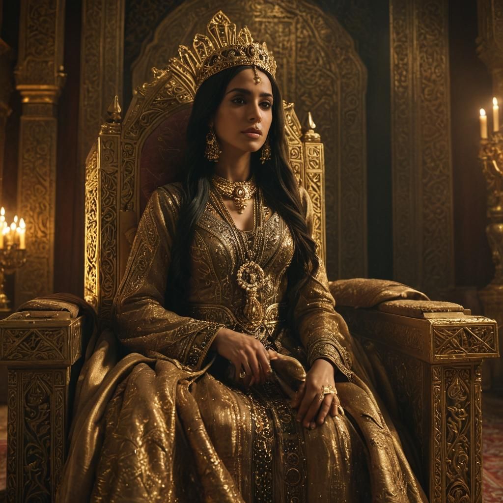 Arabian Queen on Throne in Opulent Palace