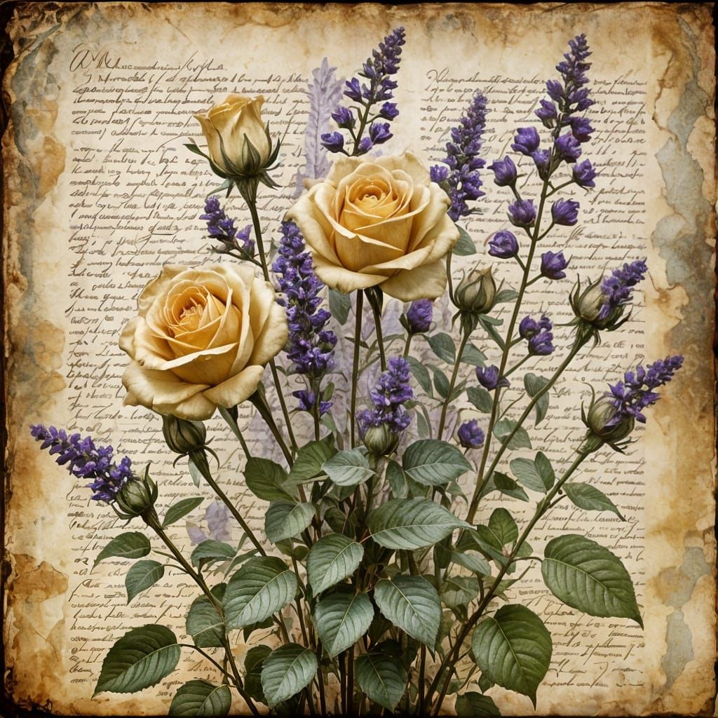 Surreal Old World Poetry on Parchment with Blooming Roses an...
