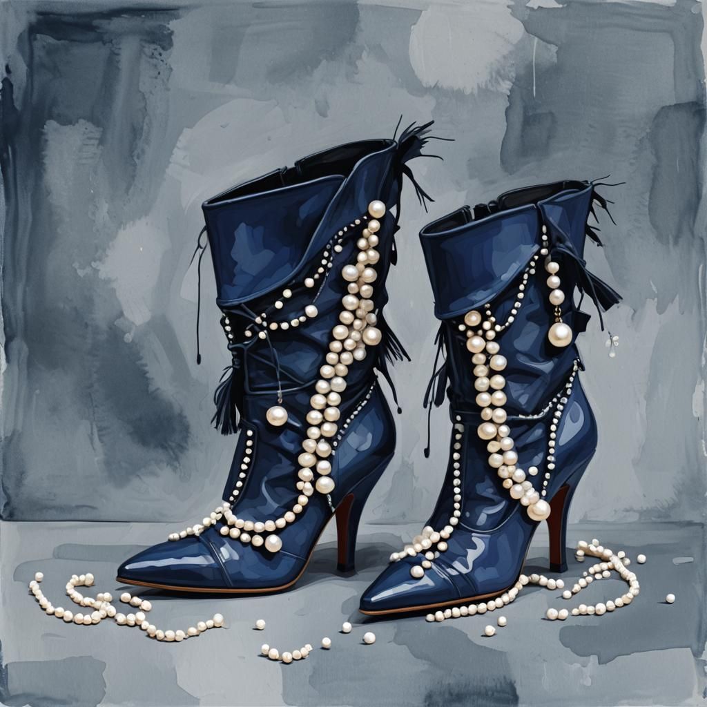Elegant Dark Blue Pearl-Adorned High Heel Boots