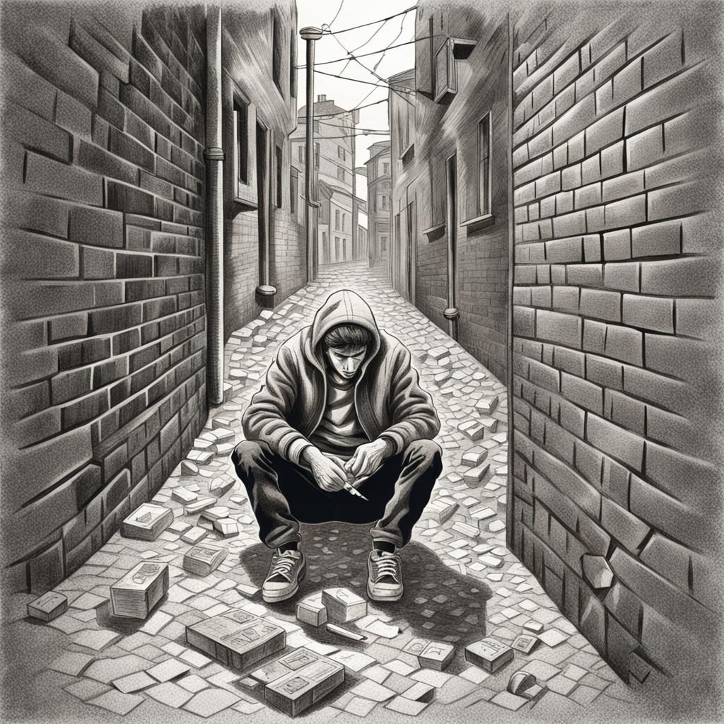 Heroin Overdose in Alleyway: Escher-Style Pencil Art