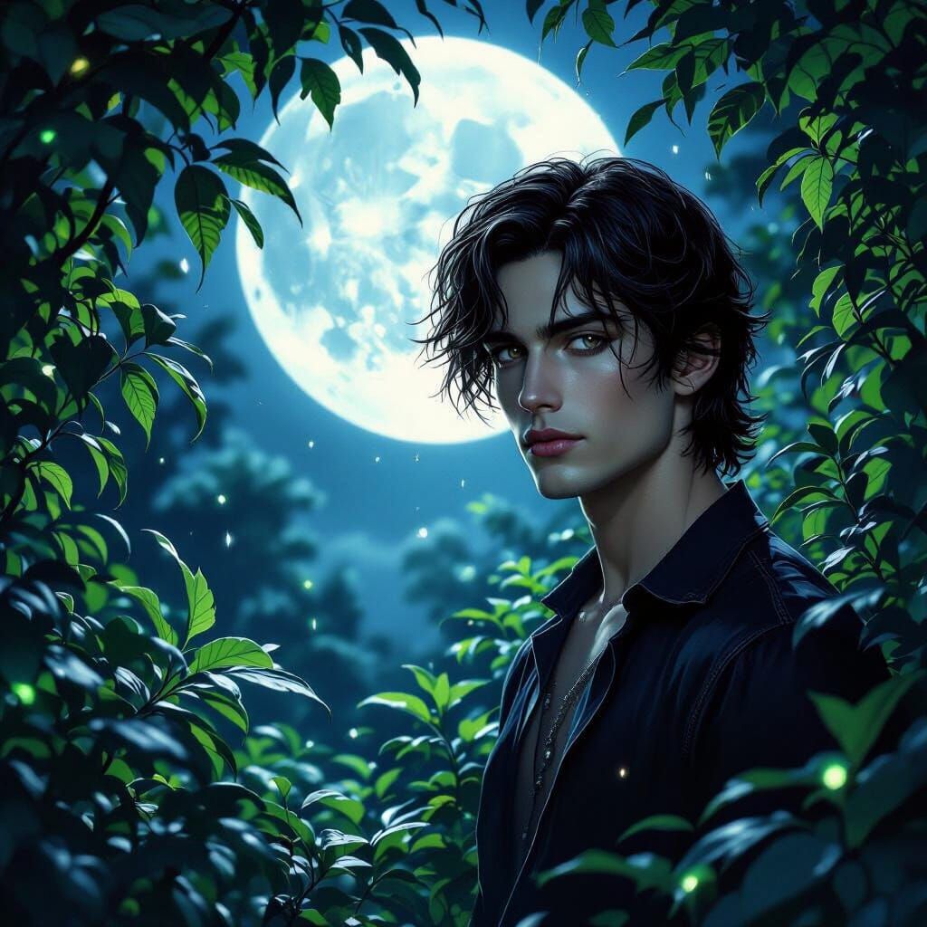 Young Man in Moonlit Garden, Dark Fantasy Style