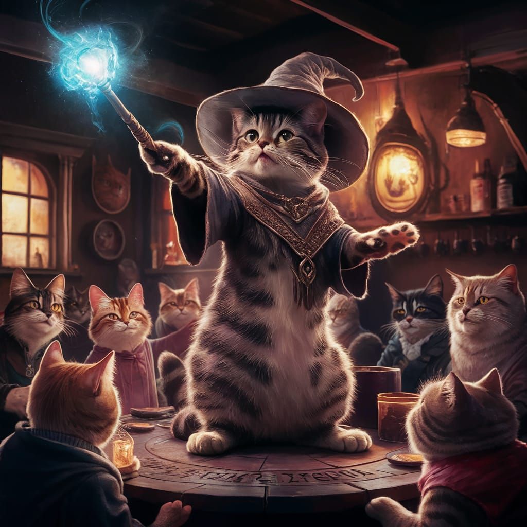 Feline Wizard Casting Spell in Tavern Illustration