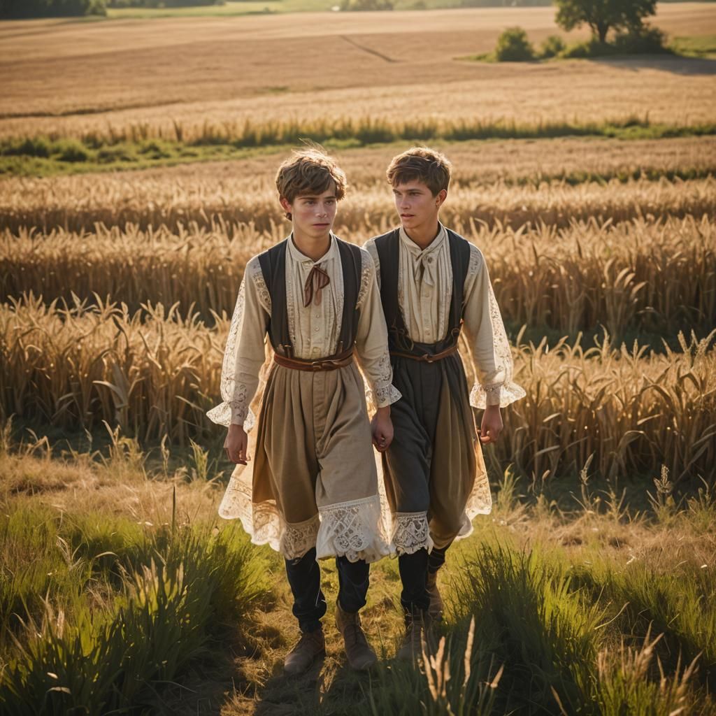 Boys in Folk Dresses in Sun-Drenched Field