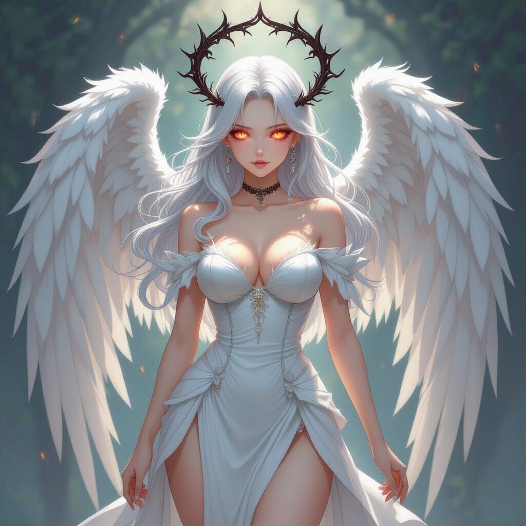 Angelic Anime Woman with Demonic Features and Tattered Wings