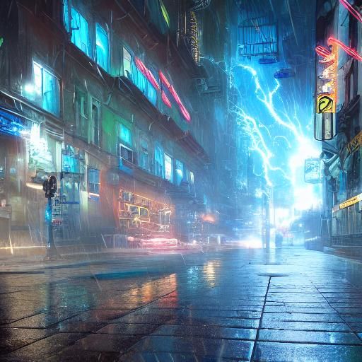 Cyberpunk City Street in Rain with Lightning