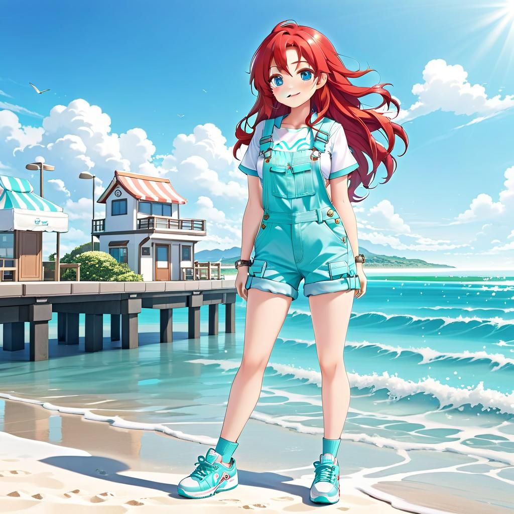 Anime Chibi Girl in Aqua Overalls on Beach