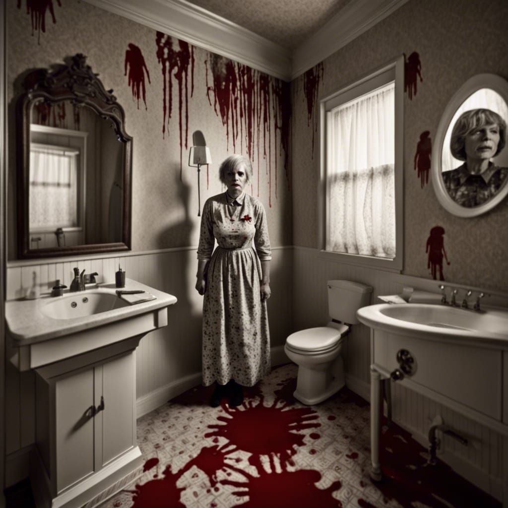 Norman bates movie psycho themed bathroom: old hotel style bathroom: crimson handprint clear shower curtain: white old w...