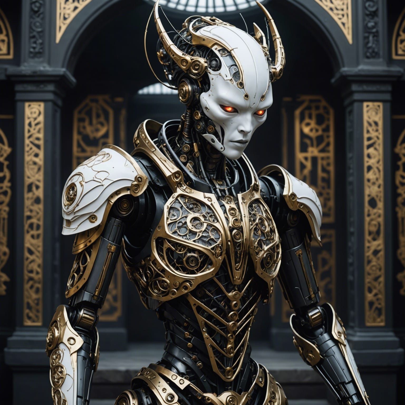 Dark Sci-Fi Biomechanical Geisha Robot in Ruins