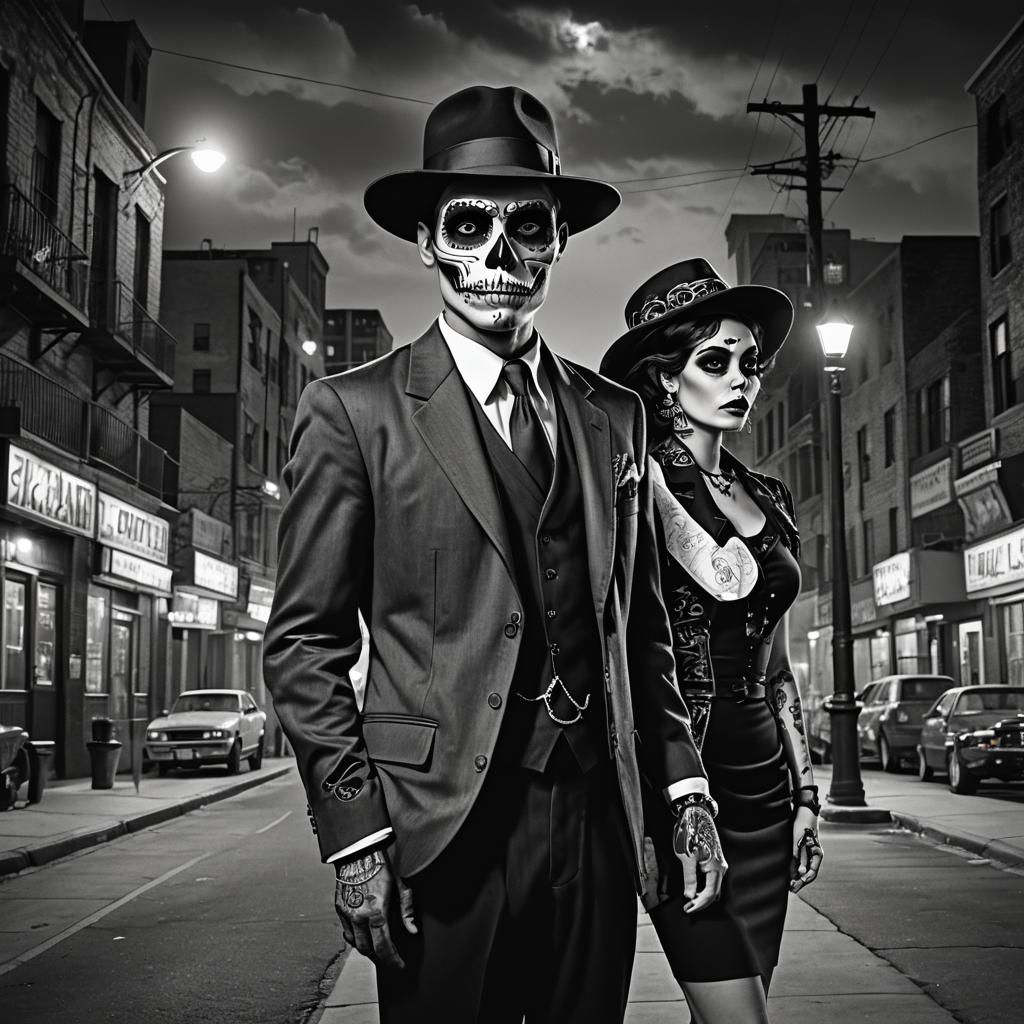 Film Noir Sugar Skull Zoot Suiter in Cityscape
