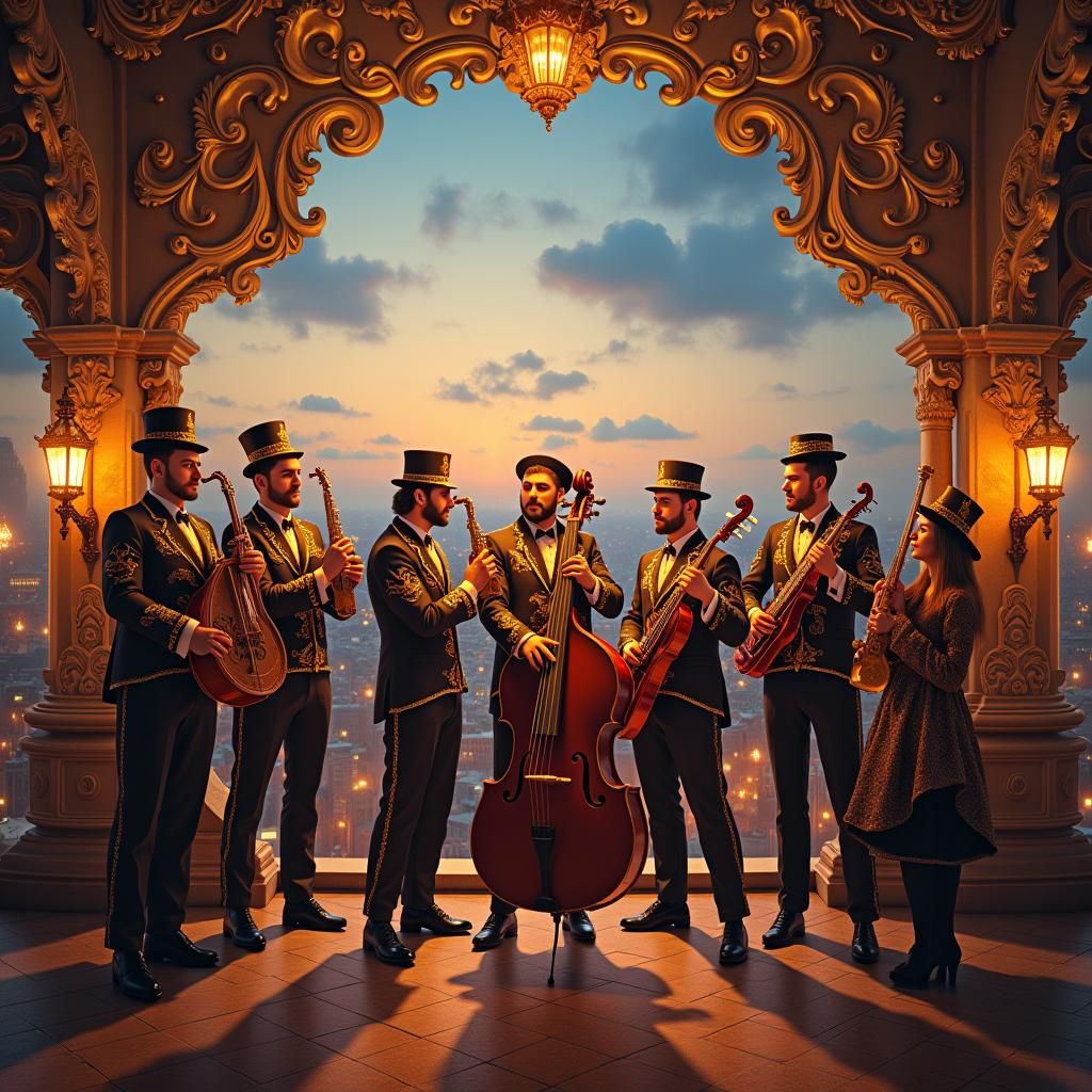 Klezmer Band on Stage in Ornate Cityscape