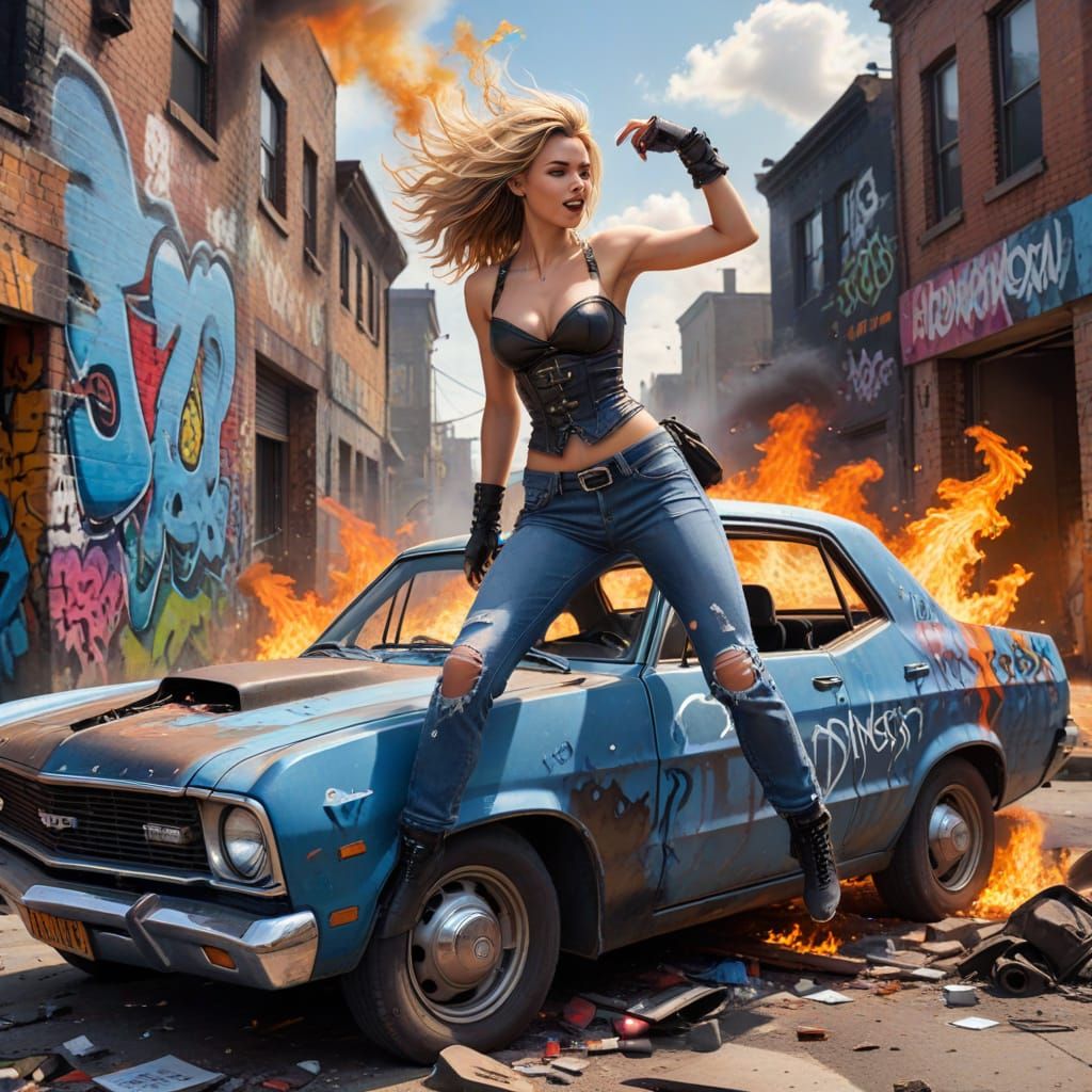 Wild Cartoon Scene of a Woman Dancing on Car