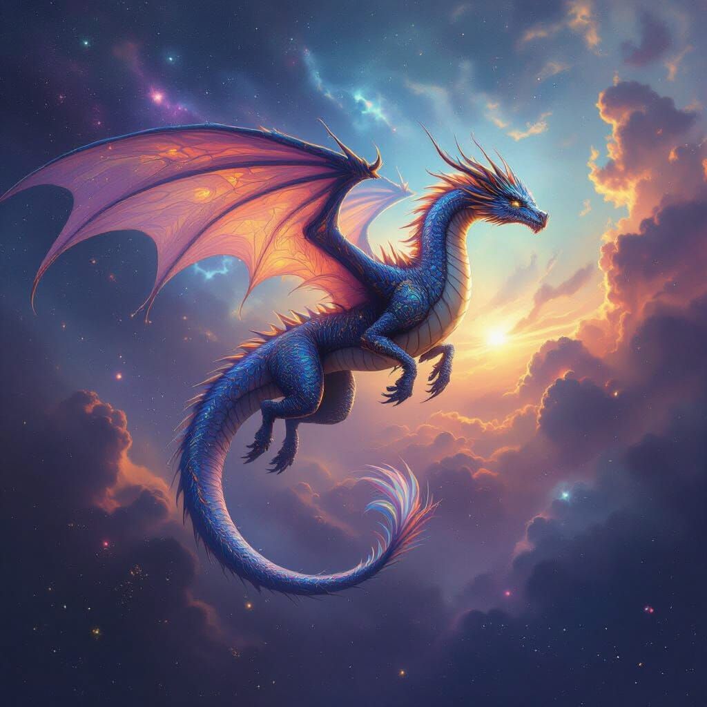 Majestic Dragon Soaring Through Nebula Sky