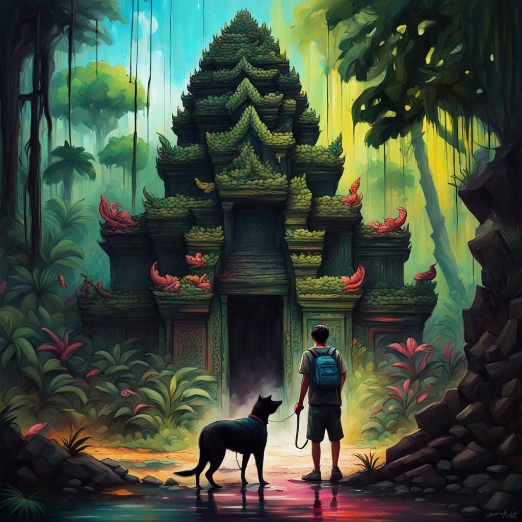 Cambodian Boy and Dog Explore Jungle Temple in Graffiti Art