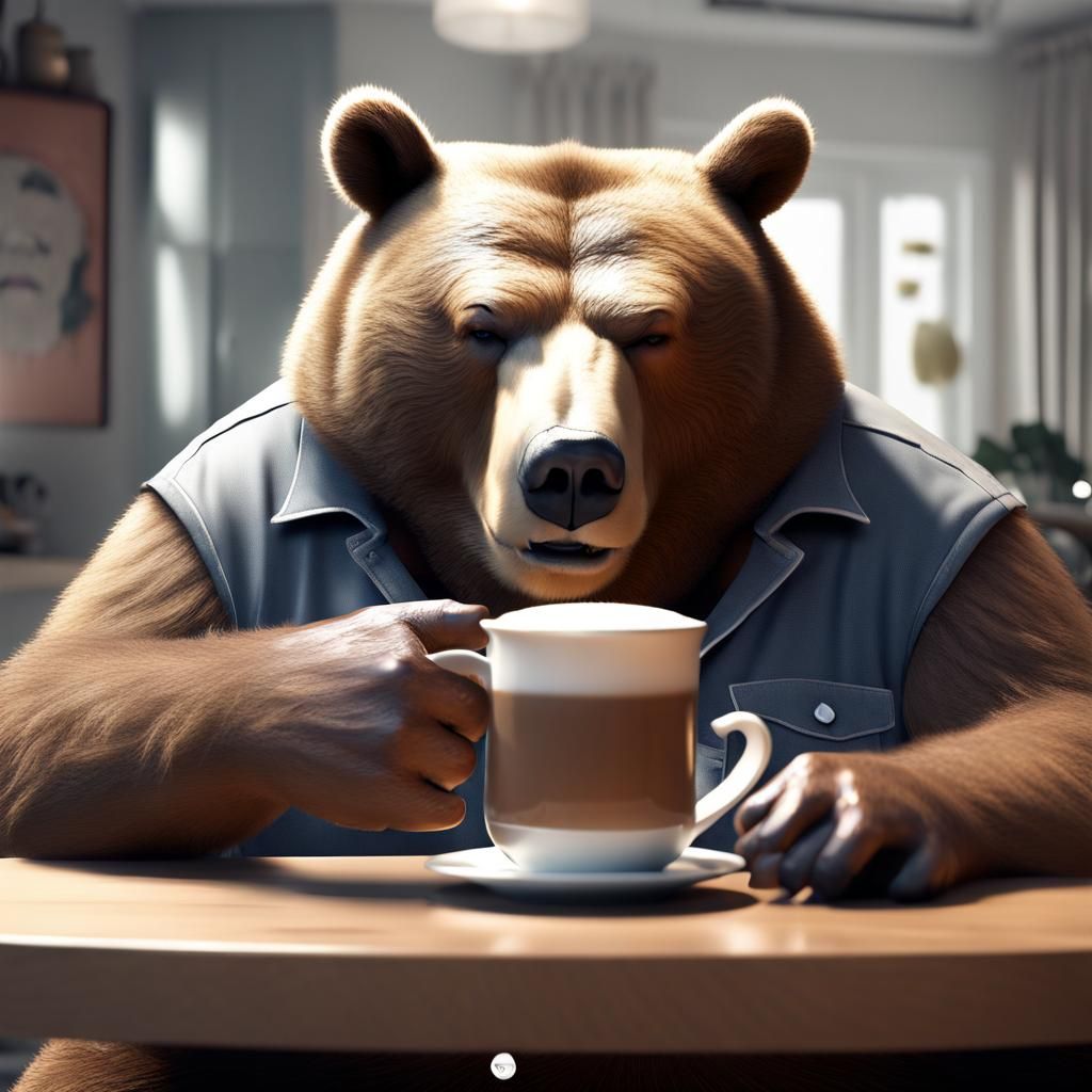 Obese Nerd Bear Drinking Coffee: 3D Render