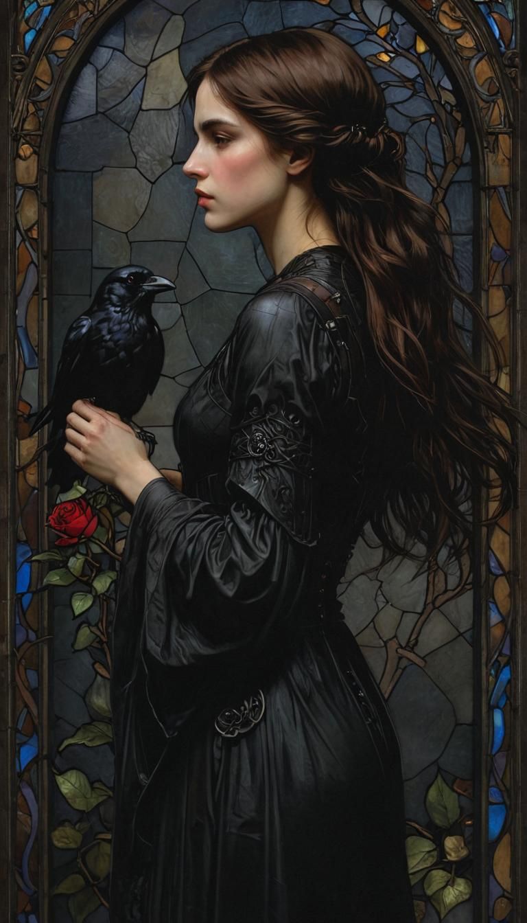 Gothic Woman Portrait with Raven and Rose