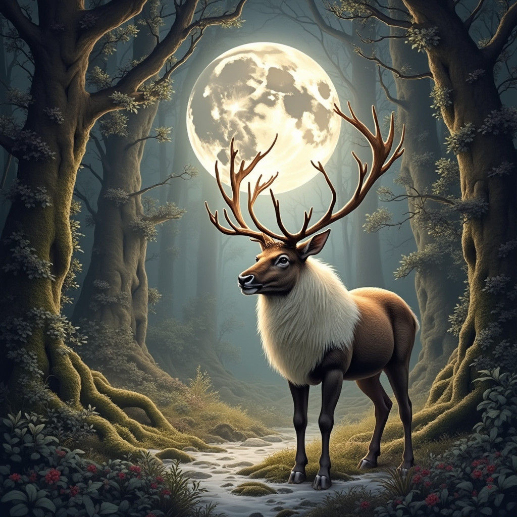 Regal Reindeer Illuminated by Crystal Silver Moon in Etherea...
