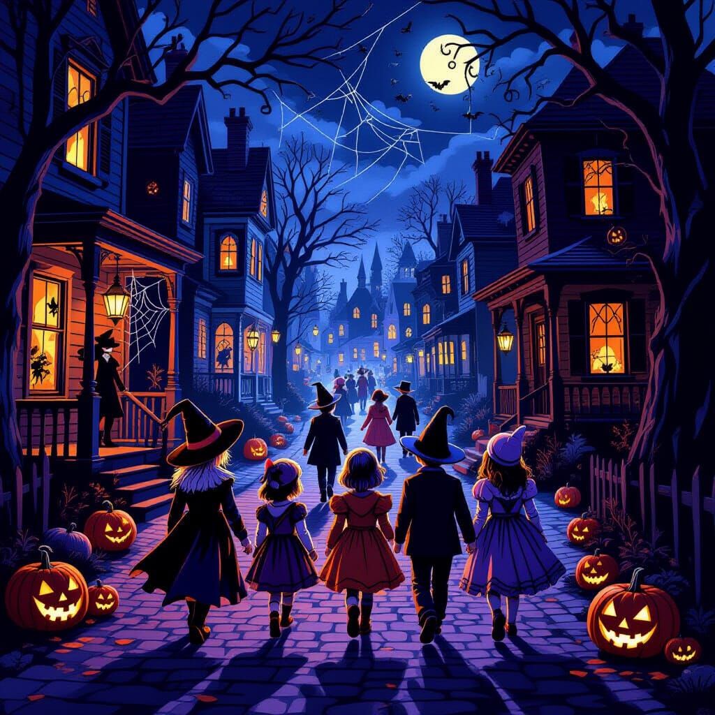 Children in Halloween Costumes on Spooky Decorated Alley