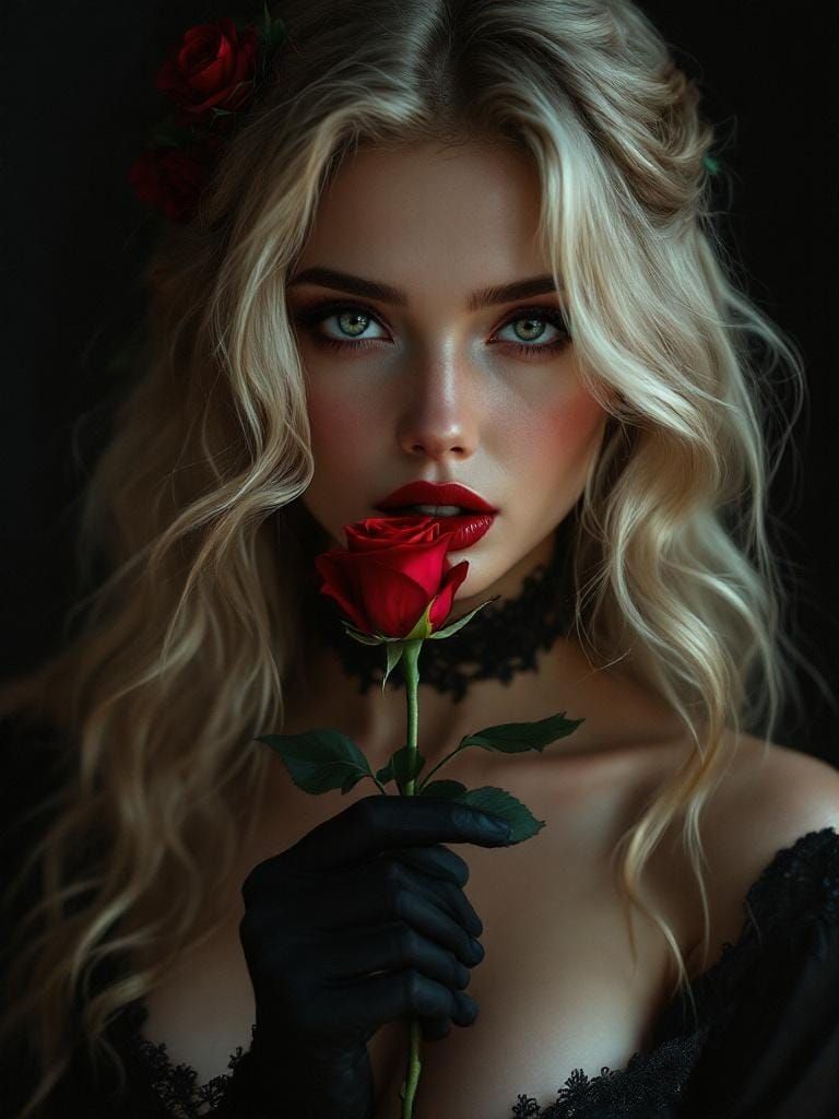 Young Woman Portrait with Rose in Hyperrealistic Style