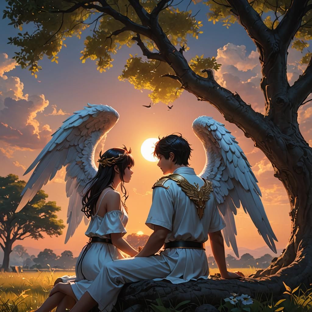 Angel and Demon Sunset in Anime Style