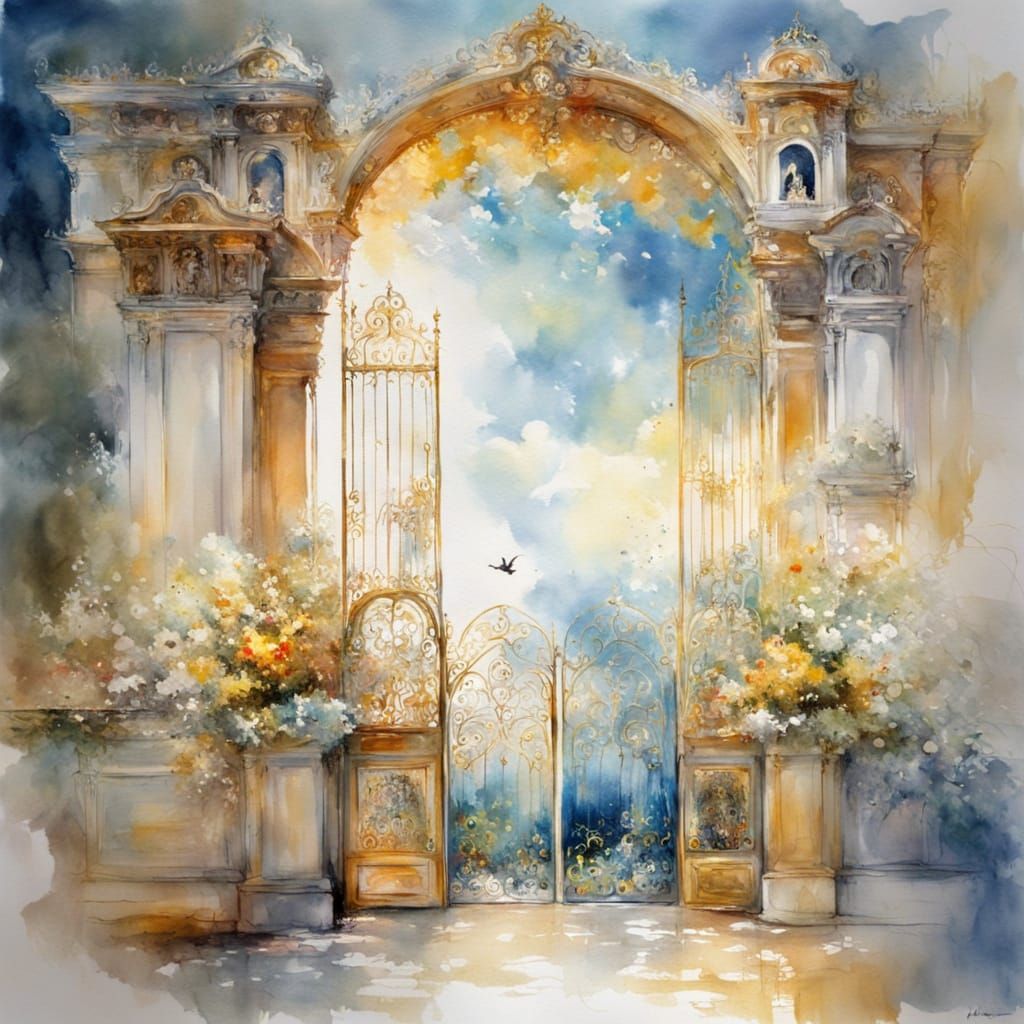 Heavenly Gate Amidst Clouds in Watercolour Style