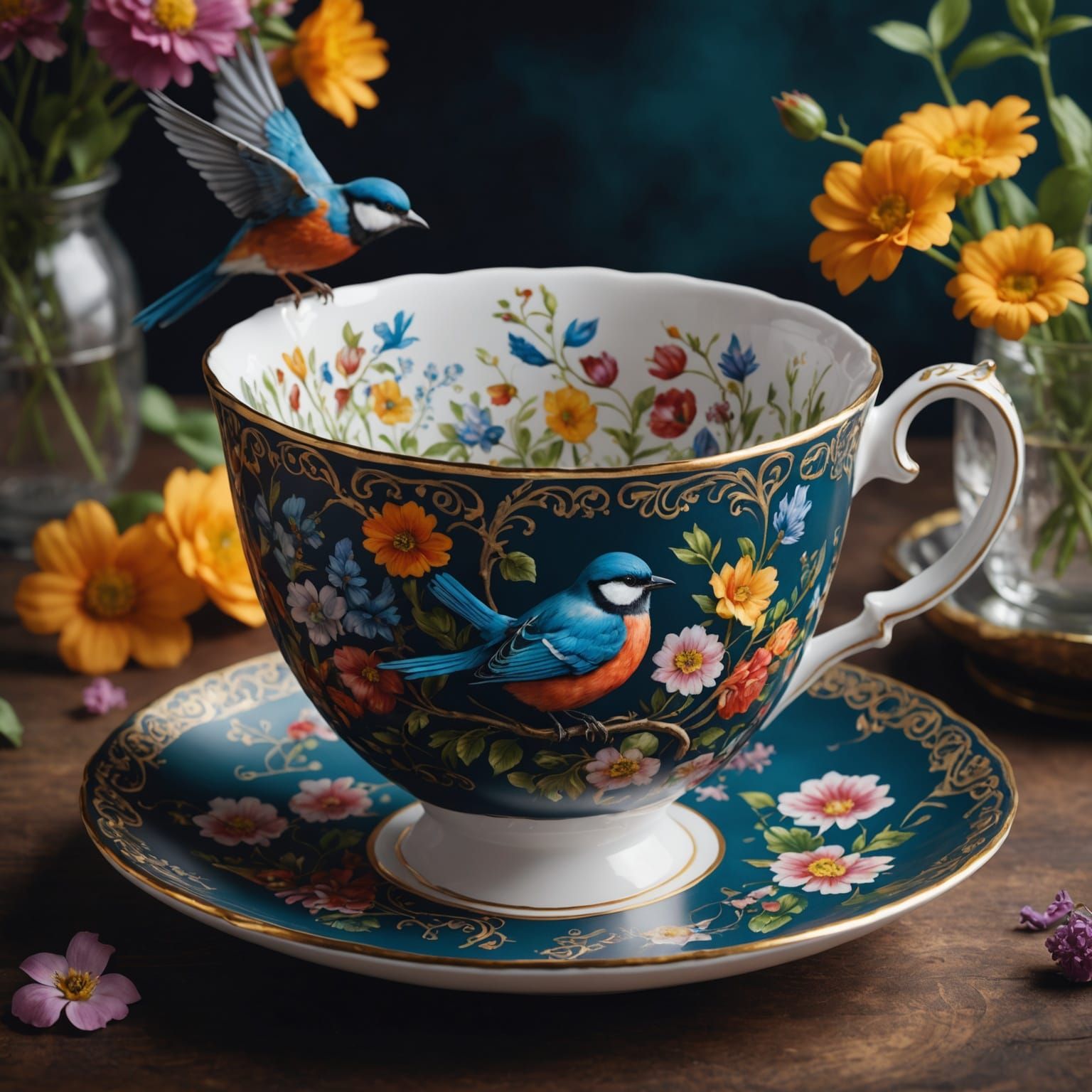 Birds and Flowers on Teacup: Detailed Matte Painting