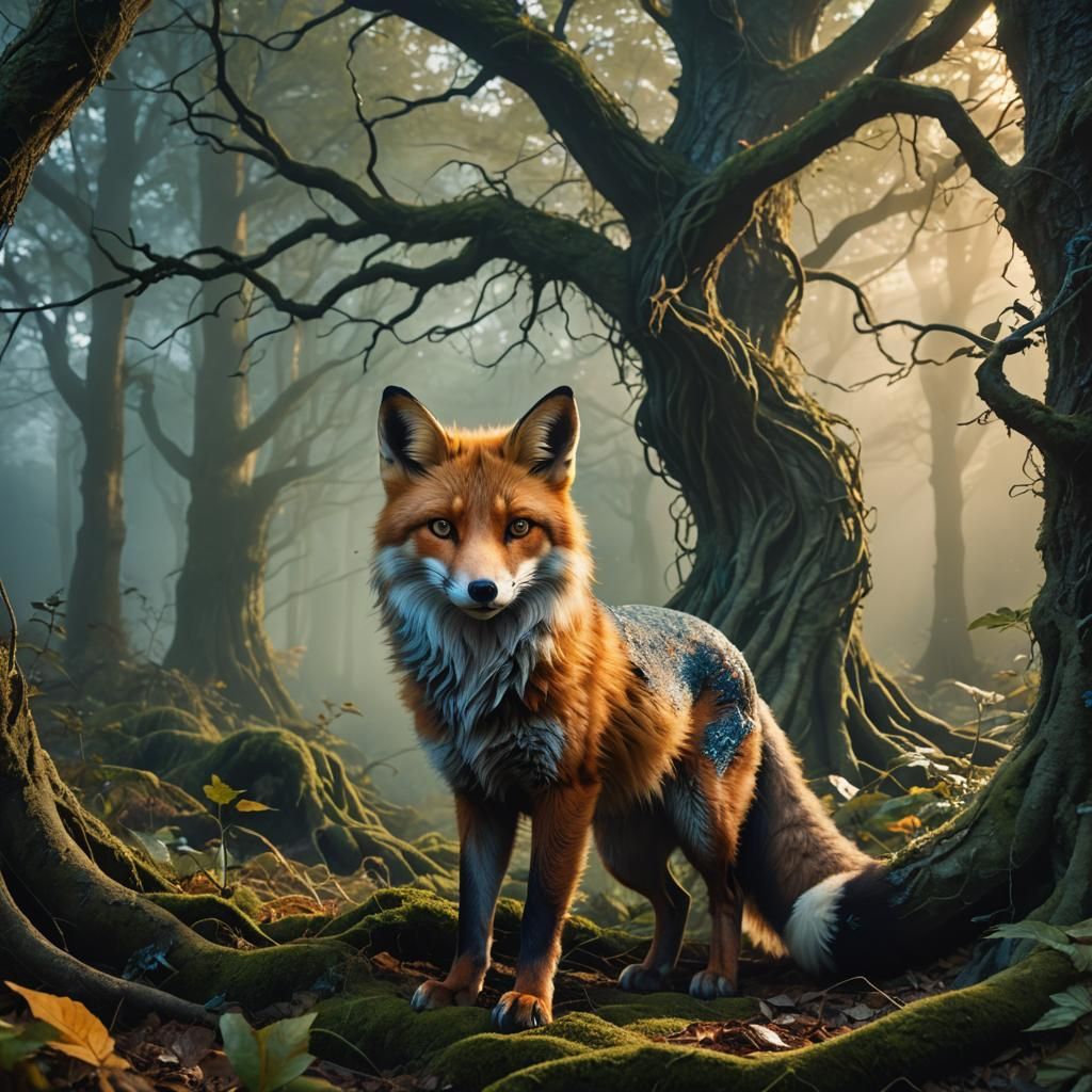 Fox-Cat Creature in Mystical Forest: Fantasy Concept Art