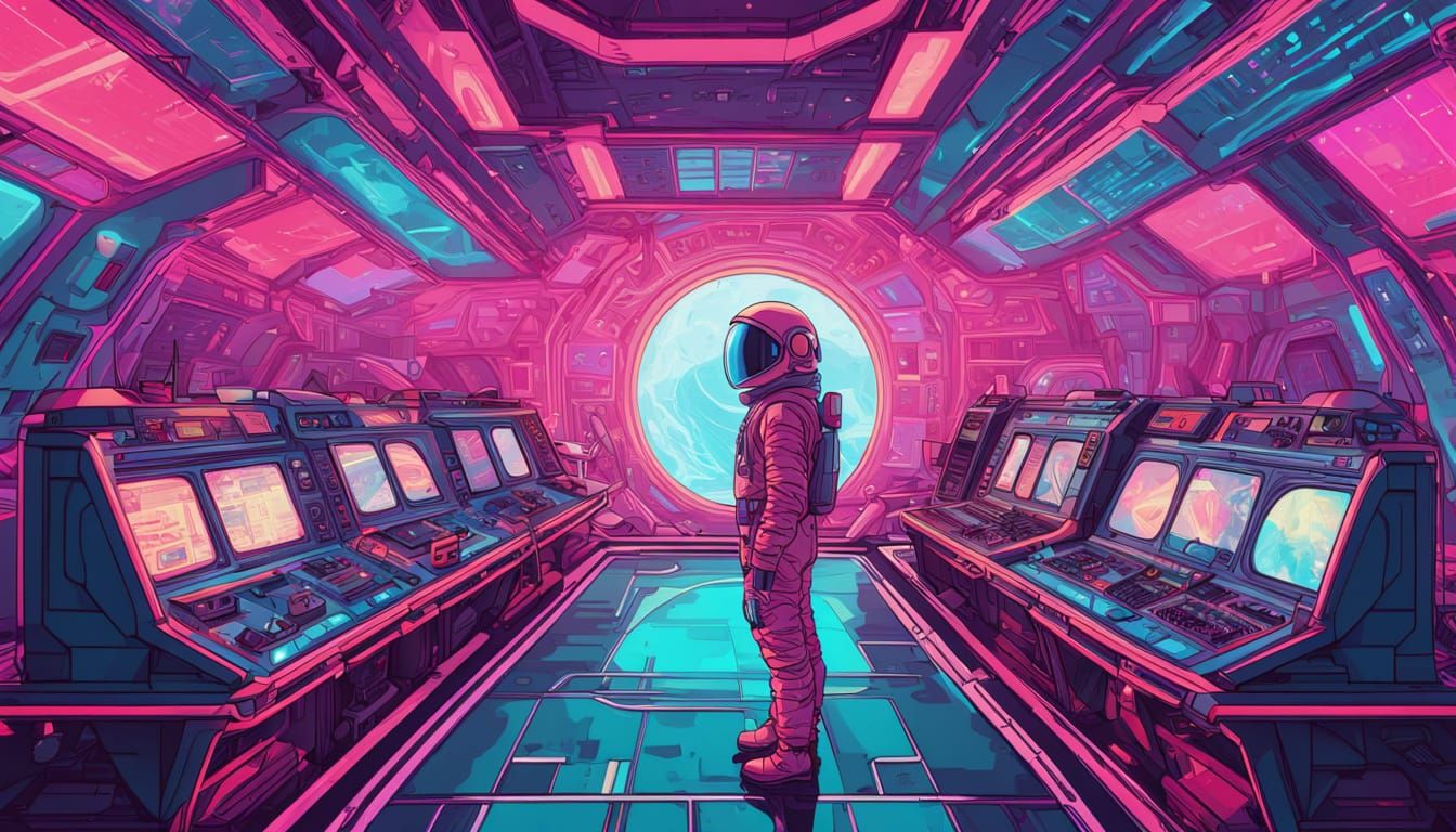 Cosmonaut in Neon-Lit Spacecraft Control Room, Retro-Futuris...