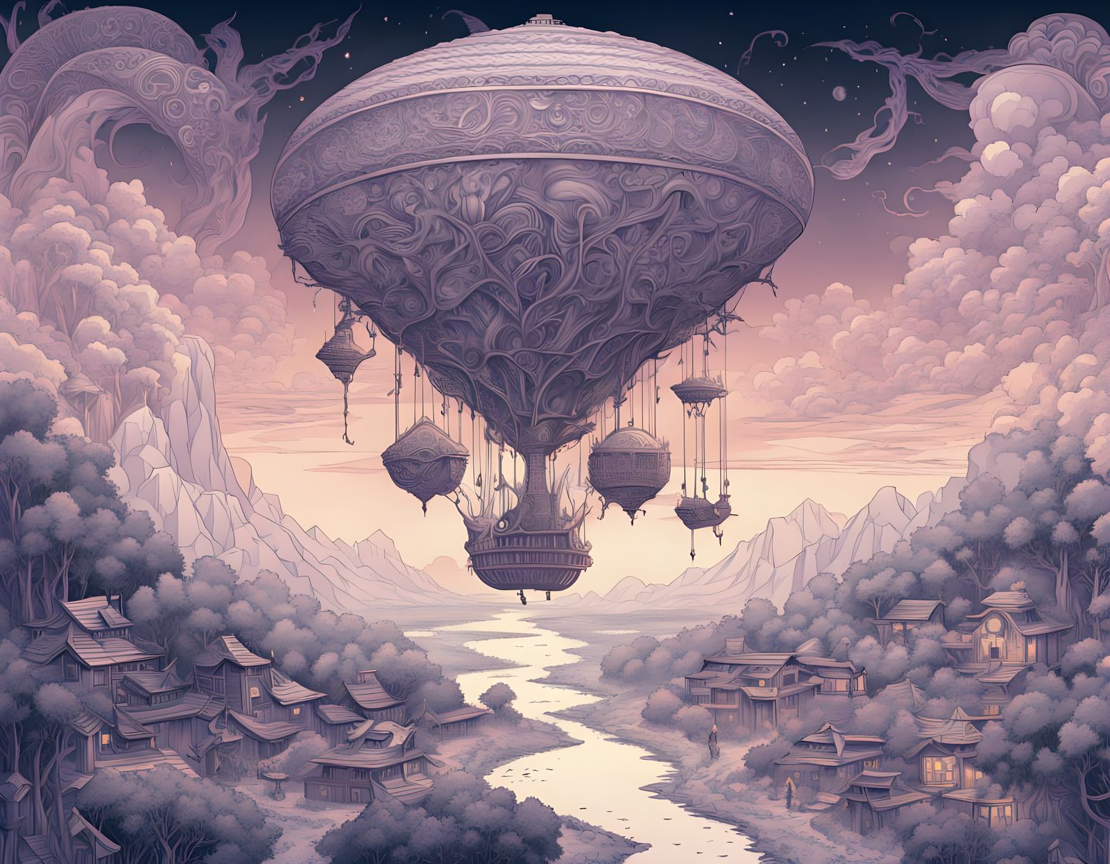 Vibrant Futuristic Village Floats Amidst Iridescent Waterfal...