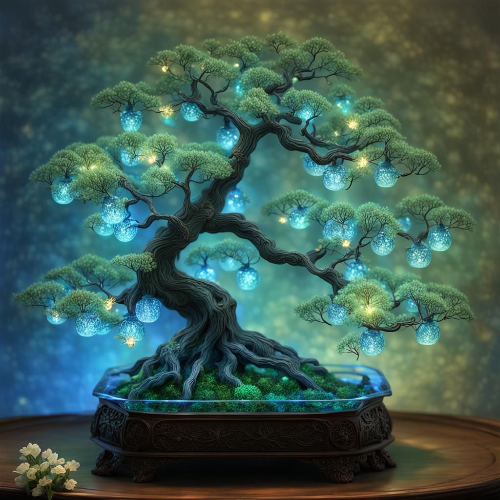Ethereal Glass Bonsai Tree in Mystical Forest
