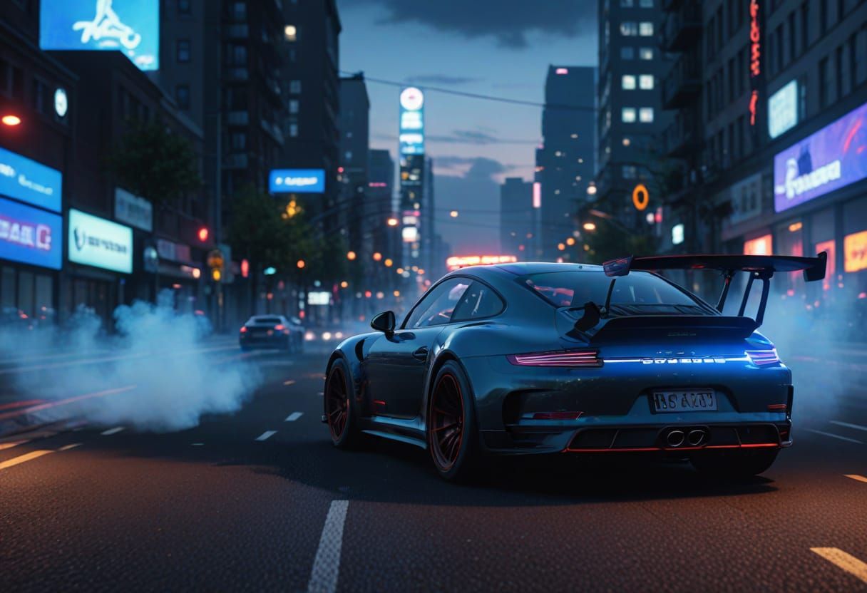 Porsche 911 GTR Drifting in Neon Cityscape