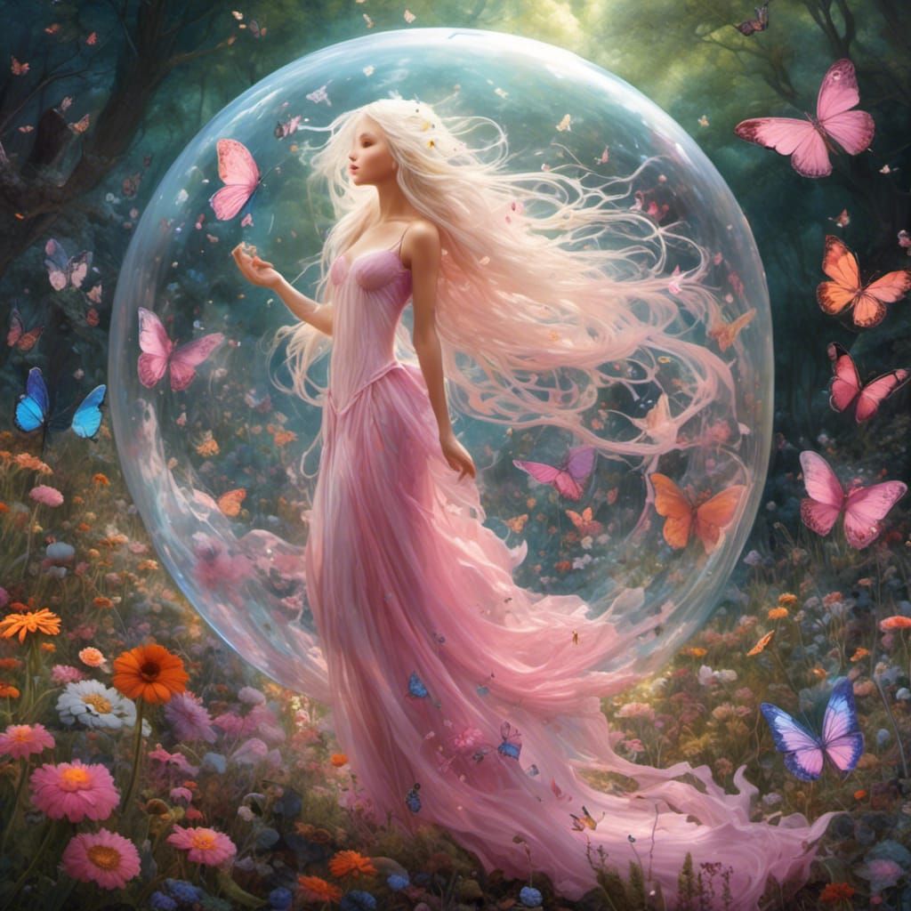 Hyperrealistic Fairy in a Bubble with Wildflowers