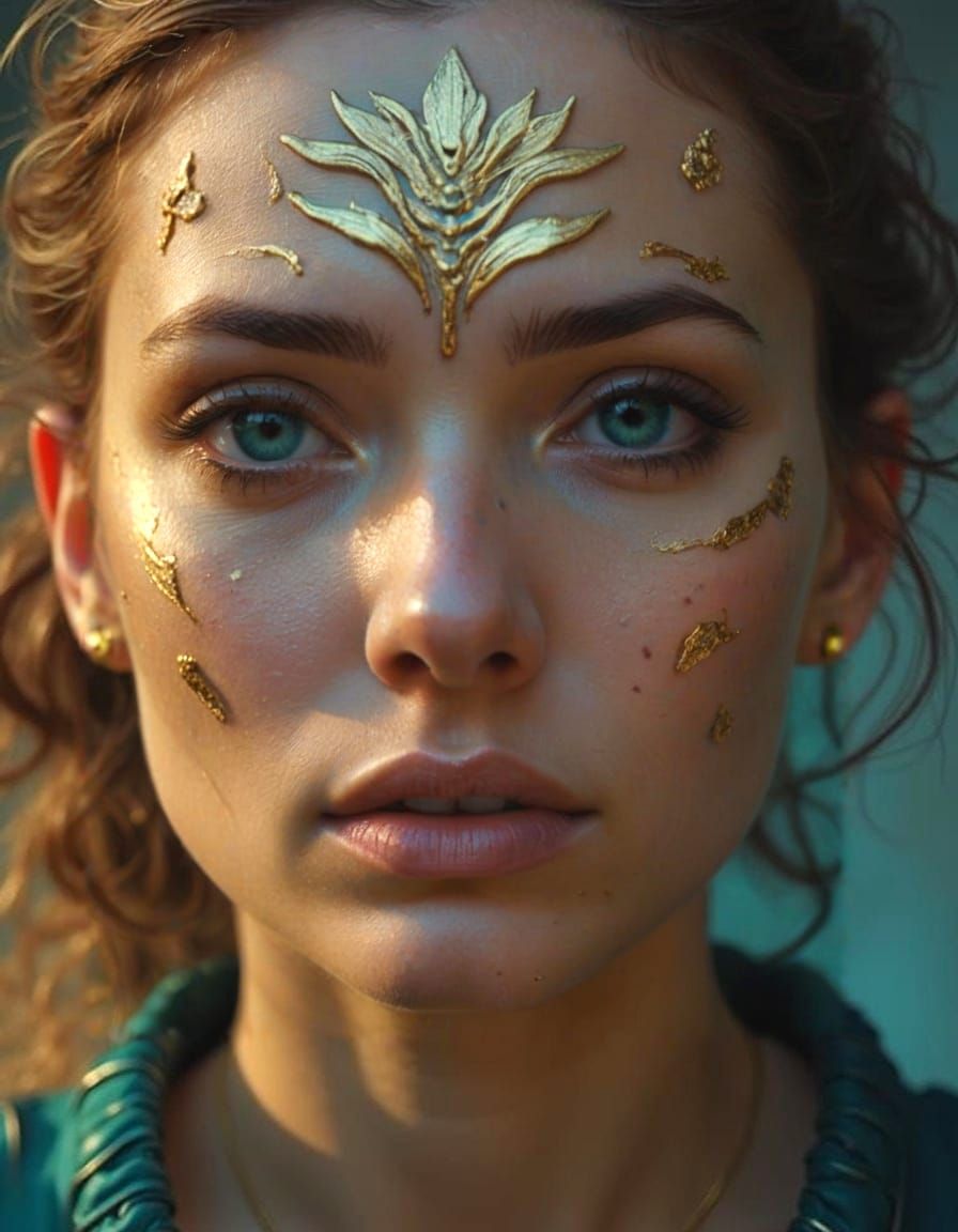 Sorrowful Face in Teal and Gold Digital Art